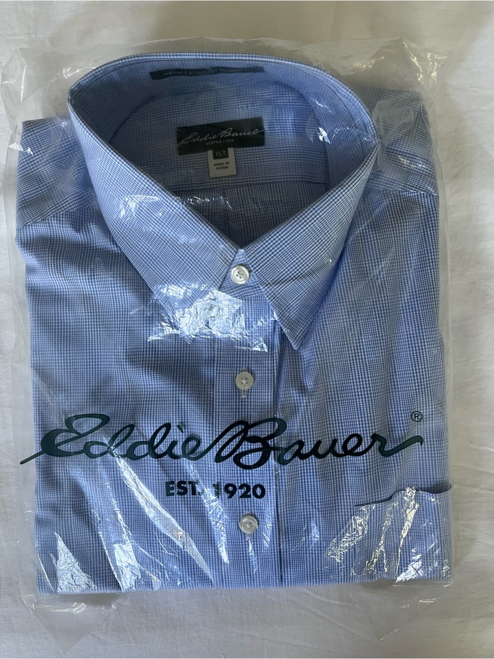 Eddie Bauer Men’s Dress Shirt XLT Light Blue Glen Plaid Long Sleeve Button NWT